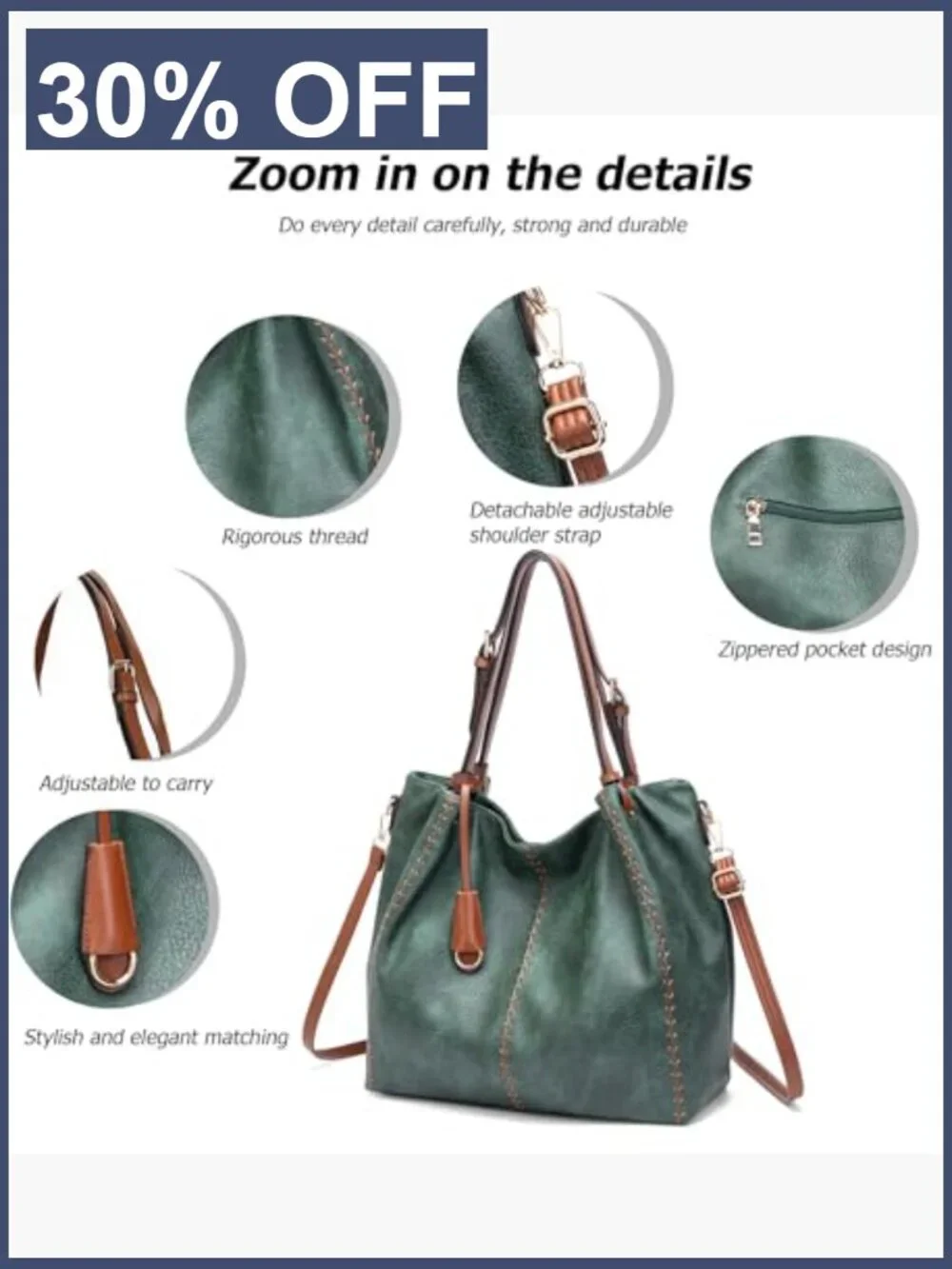 Vintage PU Leather Hobo Shoulder Bag Tote with Rivet Detail Handbag Adjustable